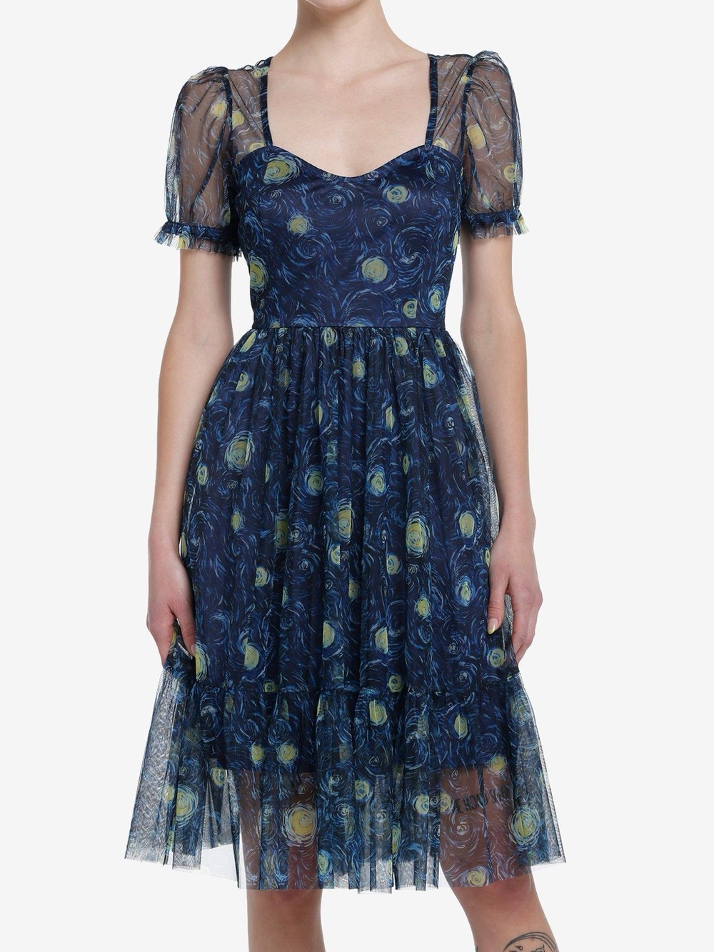 Navy Starry-Print Puff Sleeve Midi Dress with Yellow Accents